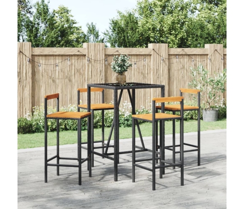 Mesa bar y taburetes jardín 5 pzas madera acacia ratán PE negro