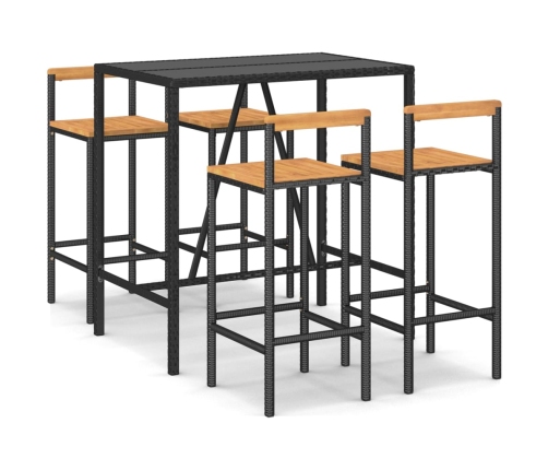 Mesa bar y taburetes jardín 5 pzas madera acacia ratán PE negro
