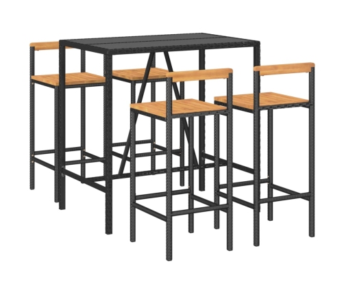 Mesa bar y taburetes jardín 5 pzas madera acacia ratán PE negro