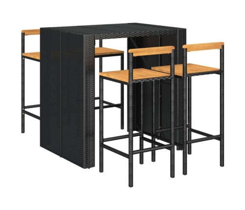 Mesa bar y taburetes jardín 5 pzas madera acacia ratán PE negro