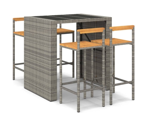 Mesa bar y taburetes jardín 5 pzas madera acacia ratán PE gris