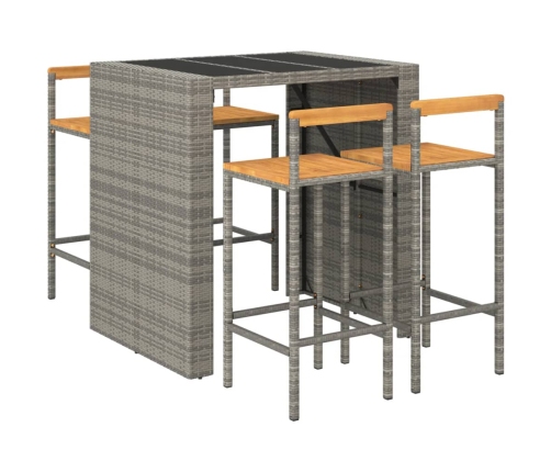 Mesa bar y taburetes jardín 5 pzas madera acacia ratán PE gris