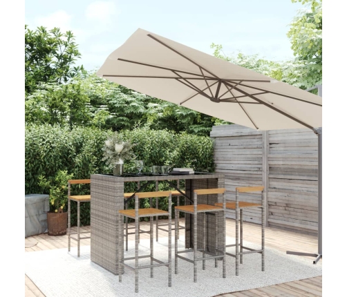 Mesa bar y taburetes jardín 7 pzas madera acacia ratán PE gris