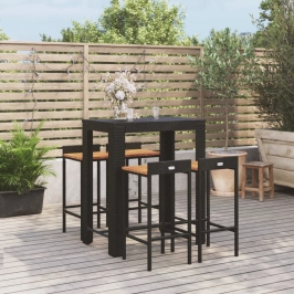 Mesa bar y taburetes jardín 5 pzas madera acacia ratán PE negro