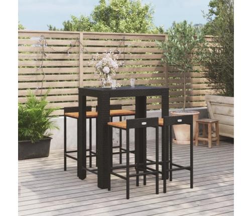 Mesa bar y taburetes jardín 5 pzas madera acacia ratán PE negro