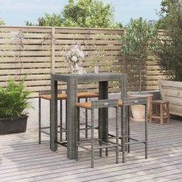 Mesa bar y taburetes jardín 5 pzas madera acacia ratán PE gris