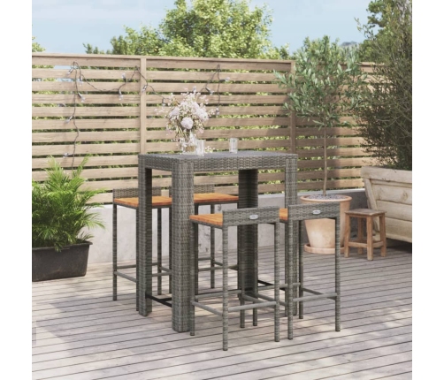 Mesa bar y taburetes jardín 5 pzas madera acacia ratán PE gris