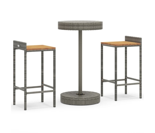 Mesa y taburetes altos jardín 3 pzas madera y ratán PE gris