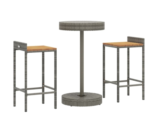 Mesa y taburetes altos jardín 3 pzas madera y ratán PE gris