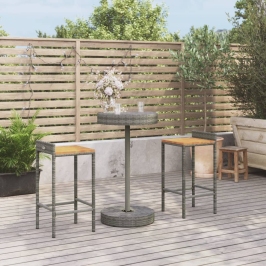 Mesa y taburetes altos jardín 3 pzas madera y ratán PE gris