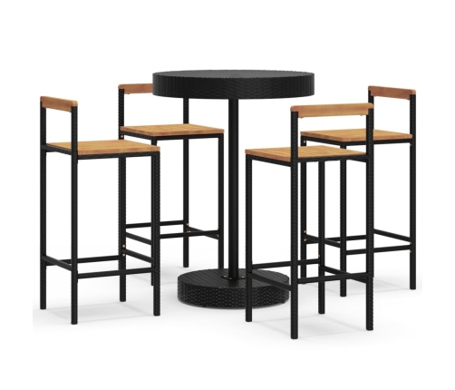 Mesa bar y taburetes jardín 5 pzas madera acacia ratán PE negro