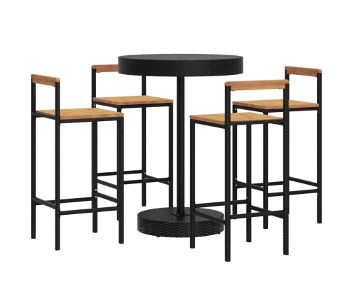 Mesa bar y taburetes jardín 5 pzas madera acacia ratán PE negro