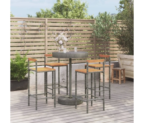 Mesa bar y taburetes jardín 5 pzas madera acacia ratán PE gris
