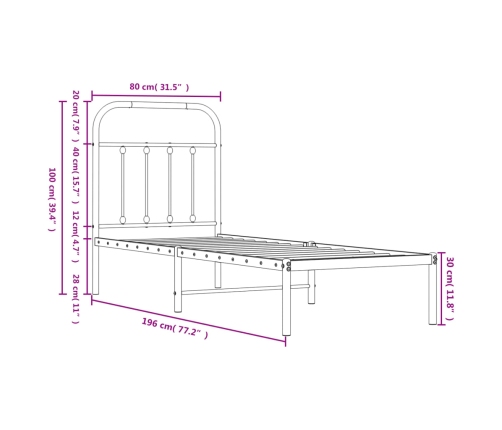 Estructura cama sin colchón con cabecero metal negro 75x190 cm