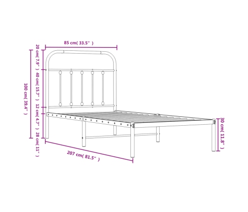 Estructura cama sin colchón con cabecero metal negro 80x200 cm