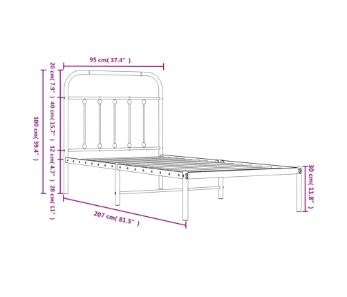 Estructura cama sin colchón con cabecero metal negro 90x200 cm