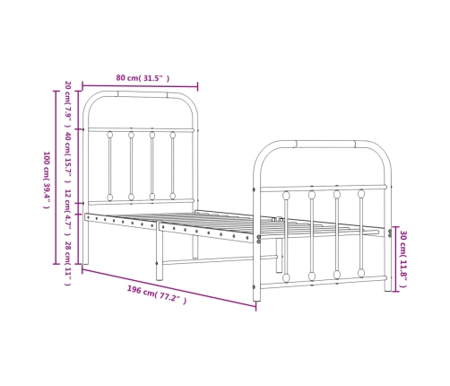 Estructura cama sin colchón con estribo metal negro 75x190 cm
