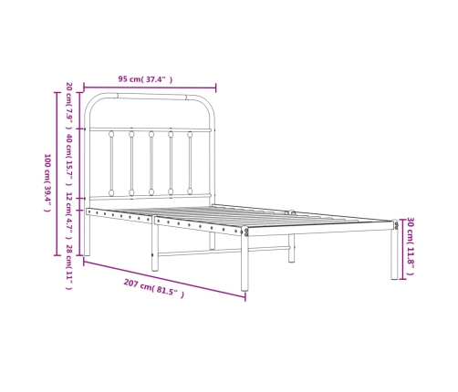 Estructura cama sin colchón con cabecero metal blanco 90x200 cm