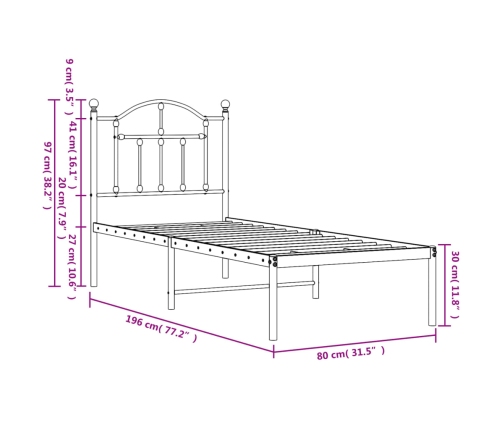 Estructura cama sin colchón con cabecero metal blanco 75x190 cm