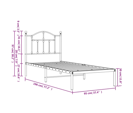 Estructura cama sin colchón con cabecero metal blanco 90x190 cm