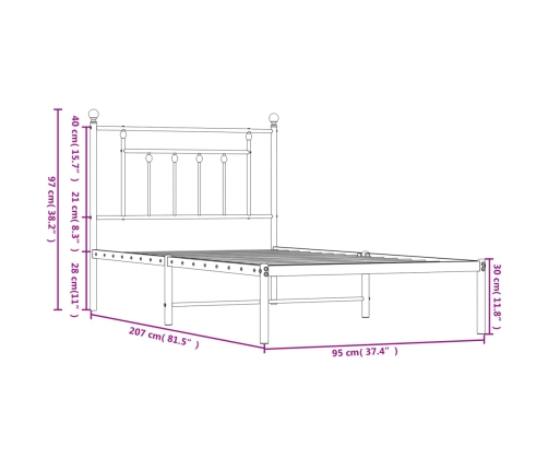 Estructura cama sin colchón con cabecero metal blanco 90x200 cm