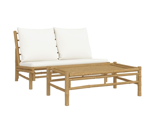 Set de muebles de jardín 2 piezas bambú y cojines blanco crema