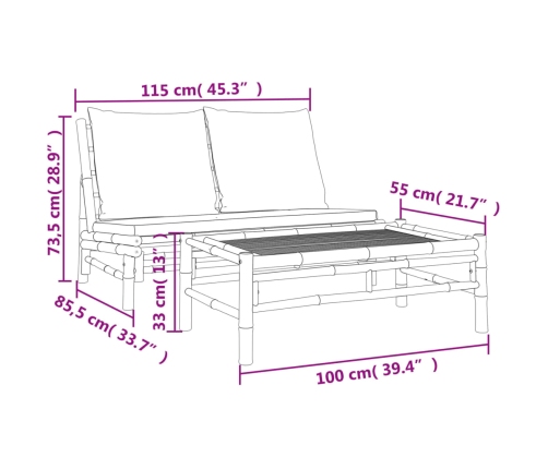 Set de muebles de jardín 2 piezas bambú y cojines blanco crema