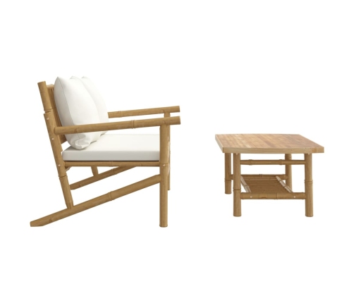 Set de muebles de jardín 2 piezas bambú y cojines blanco crema