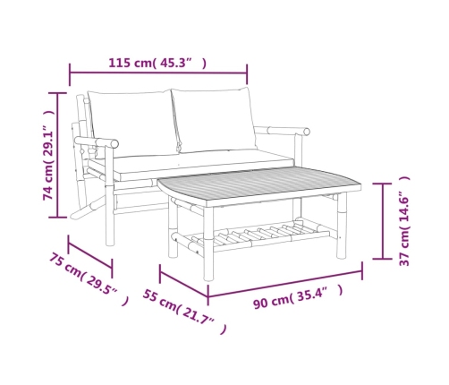 Set de muebles de jardín 2 piezas bambú y cojines blanco crema