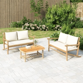 Set de muebles de jardín 2 piezas bambú y cojines blanco crema