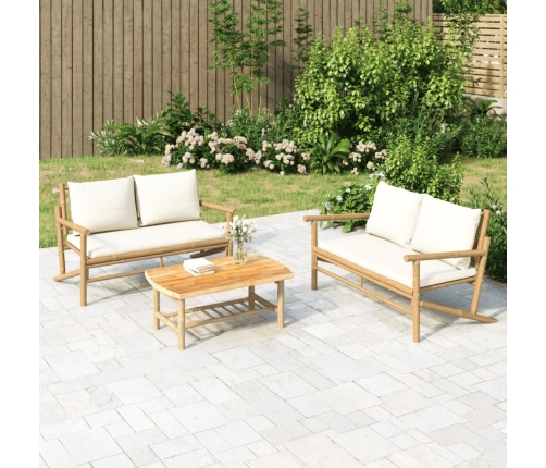 Set de muebles de jardín 2 piezas bambú y cojines blanco crema