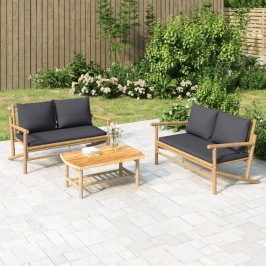 Set de muebles de jardín 2 piezas bambú con cojines gris oscuro