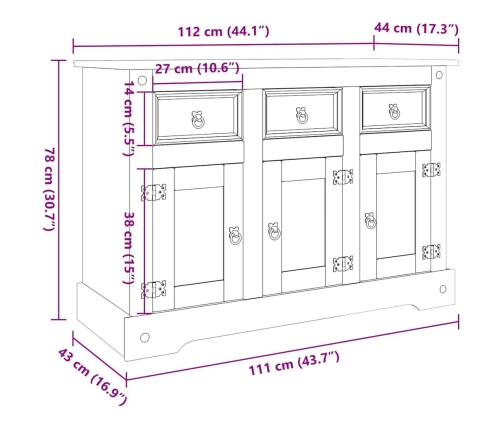 Aparador Corona madera maciza pino mexicano 112x44x78 cm