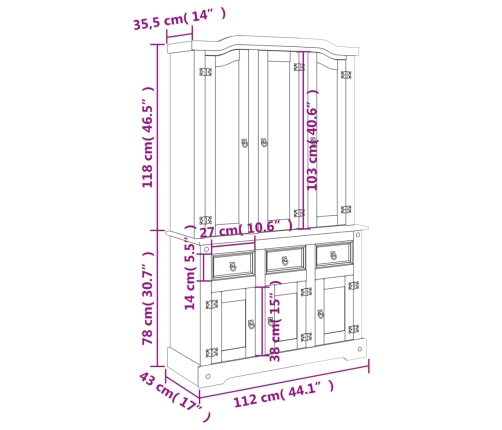 Aparador Corona madera maciza pino mexicano 112x43x196 cm