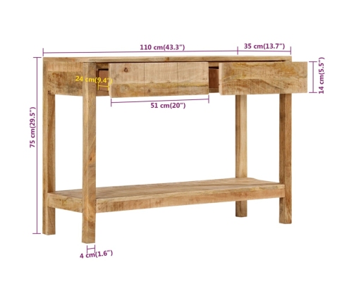 Mesa consola con 2 cajones madera maciza de mango 110x35x75 cm