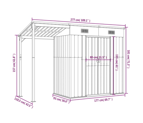 Cobertizo jardín tejado alargado acero marrón 277x110,5x181 cm