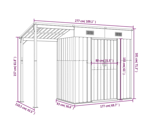 Cobertizo con tejado largo acero marrón claro 277x110,5x181 cm