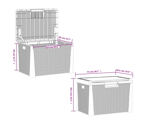 Caja de almacenaje jardín con cojín de asiento PP marrón 125 L