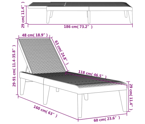 Tumbona de PP blanco 186x60x29 cm