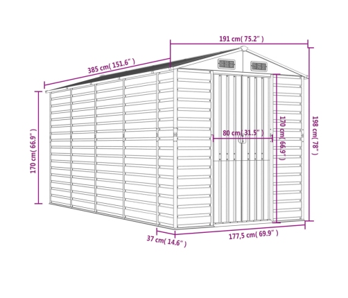 Cobertizo de jardín acero galvanizado gris claro 191x385x198 cm