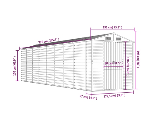 Cobertizo de jardín acero galvanizado gris claro 191x725x198 cm