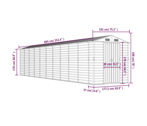 Cobertizo de jardín acero galvanizado gris claro 191x895x198 cm