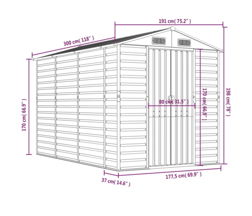 Cobertizo de jardín acero galvanizado marrón 191x300x198 cm
