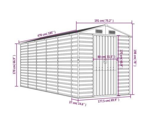 Cobertizo de jardín acero galvanizado marrón 191x470x198 cm