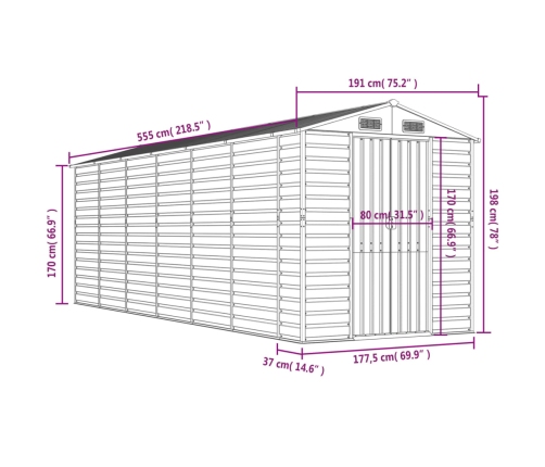 Cobertizo de jardín acero galvanizado marrón 191x555x198 cm