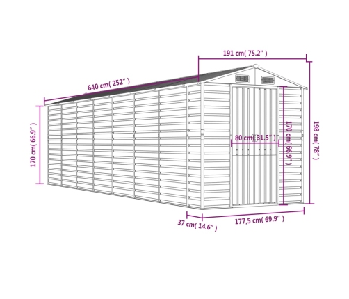 Cobertizo de jardín acero galvanizado marrón 191x640x198 cm