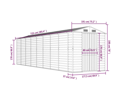 Cobertizo de jardín acero galvanizado marrón 191x725x198 cm