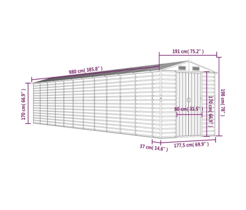 Cobertizo de jardín acero galvanizado marrón 191x980x198 cm