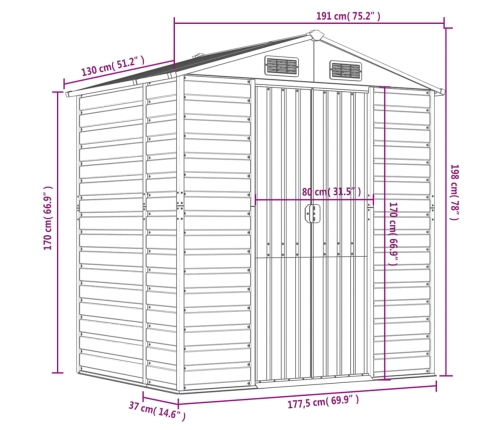 Caseta de jardín acero galvanizado marrón claro 191x130x198 cm