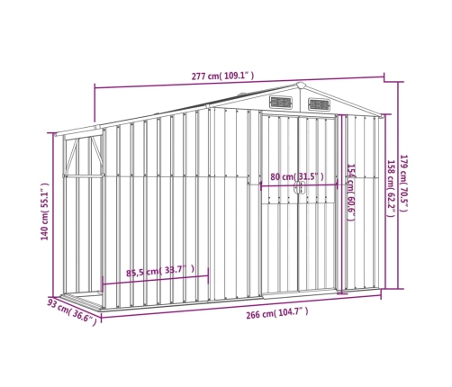 Cobertizo de jardín acero galvanizado antracita 277x93x179 cm